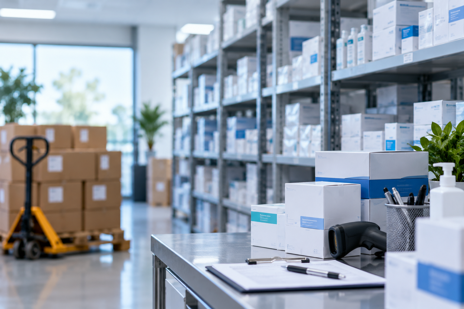 Warehouse shelving stocked with OTC diabetic supply boxes ready for distribution